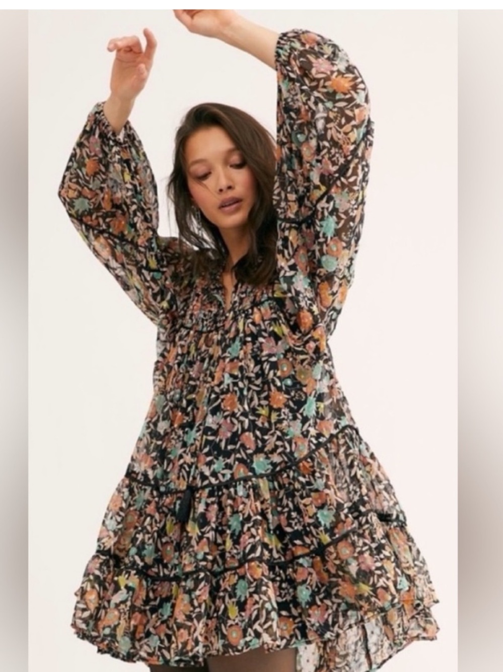 Free People Black Floral Tiered Swing Mini Dress with Multi-Color Print